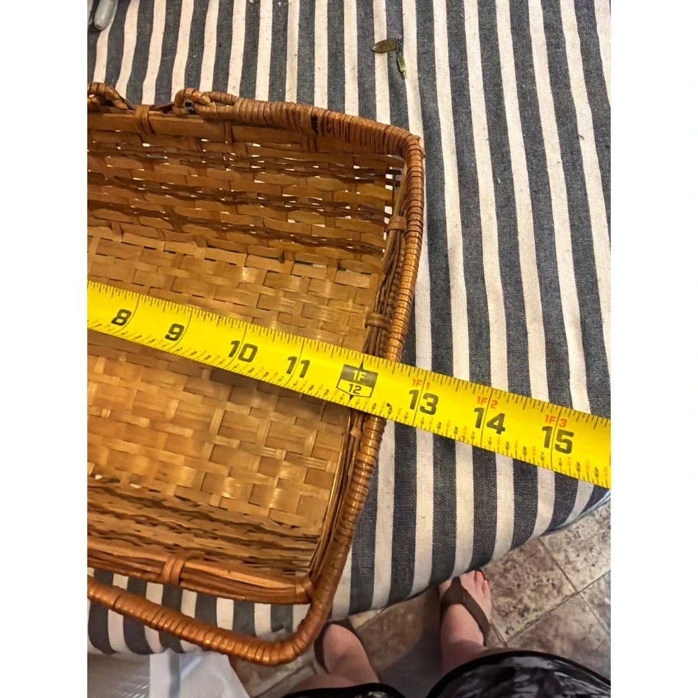 Vintage Style Woven Wicker Picnic Basket Rectangular Two Tone Wood Splint Tote